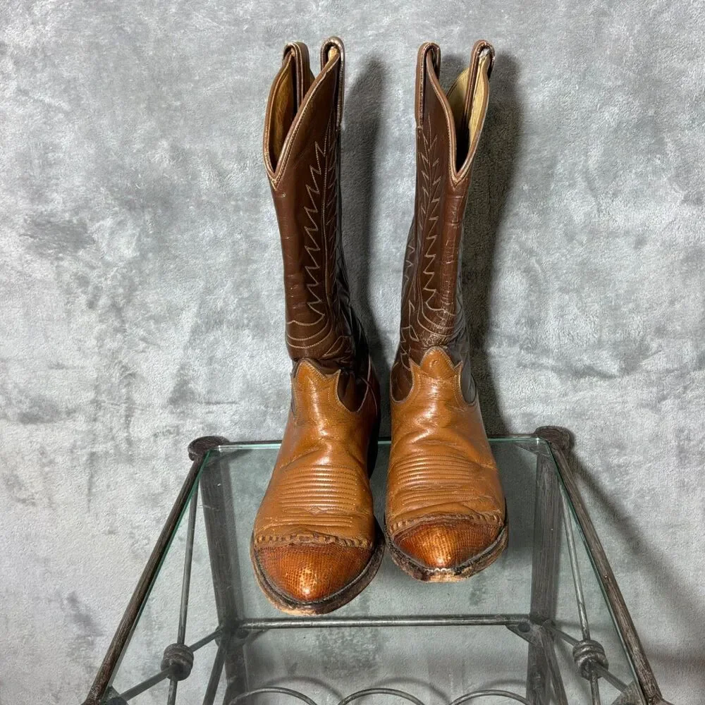 VTG. Tony Lama Boots 6243  Lizard Wingtip Leather Men  7.5E Lemonwood pegs Read*